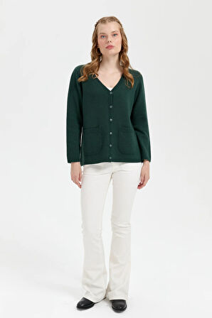 Kadın V Yaka Basic Yün Hırka Yeşil