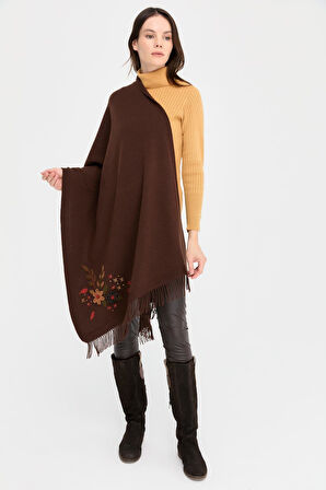 Kadın Papatya İşlemeli Püsküllü Yün Şal M.Kahve