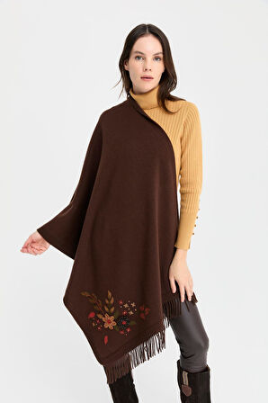 Kadın Papatya İşlemeli Püsküllü Yün Şal M.Kahve