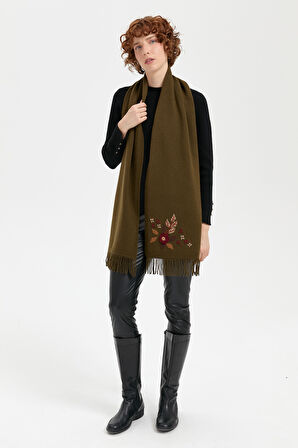 Kadın Papatya İşlemeli Püsküllü Yün Kaşkol A.Yeşil