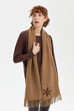 Kadın Papatya İşlemeli Püsküllü Yün Kaşkol V.Camel