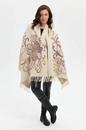 Kadın Karışık Büyük Çiçek Desenli Battal Boy Şal T.Melanj_Mor Sarı Sim