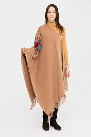 Kadın Ortası Çiçek İşlemeli Şal Biscuit