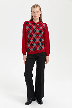 Kadın Polo Yaka Önü Baklavalı Yün Kazak K.Kırmızı