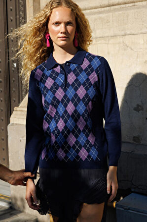 Kadın Polo Yaka Önü Baklavalı Yün Kazak Y.A.Lacivert