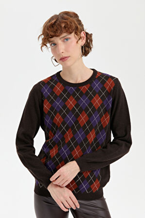 Kadın Sıfır Yaka Önü Baklava Desenli Yün Kazak K.Kahve