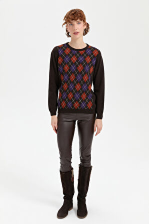 Kadın Sıfır Yaka Önü Baklava Desenli Yün Kazak K.Kahve