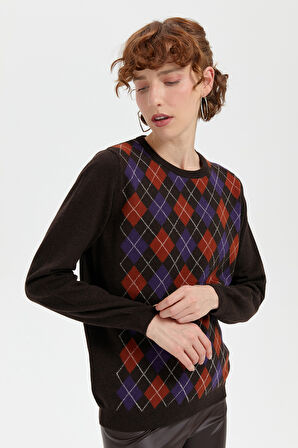 Kadın Sıfır Yaka Önü Baklava Desenli Yün Kazak K.Kahve