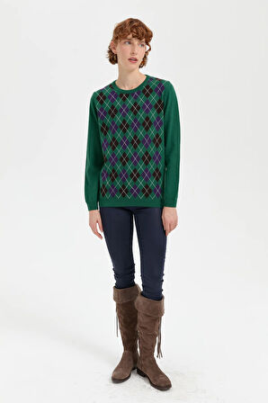 Kadın Sıfır Yaka Önü Baklava Desenli Yün Kazak Ö.Başı