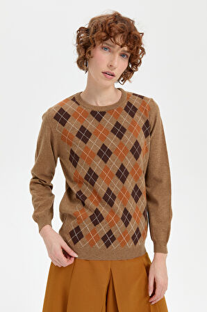 Kadın Sıfır Yaka Önü Baklava Desenli Yün Kazak V.Camel