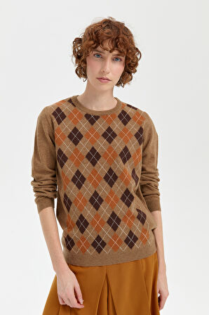 Kadın Sıfır Yaka Önü Baklava Desenli Yün Kazak V.Camel