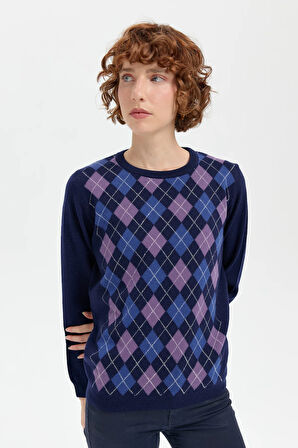 Kadın Sıfır Yaka Önü Baklava Desenli Yün Kazak Y.A.Lacivert