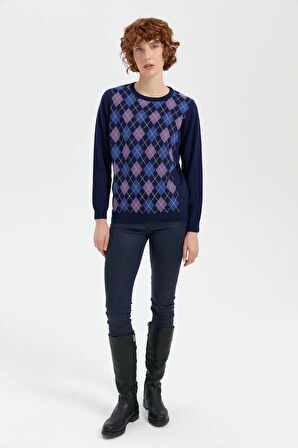 Kadın Sıfır Yaka Önü Baklava Desenli Yün Kazak Y.A.Lacivert