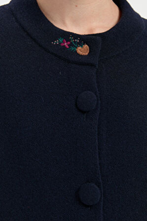 Kadın Dik Yaka Cebi İşlemeli Uzun Yün Kaban K.Lacivert