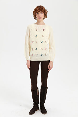 Kadın Sıfır Yaka Dikişsiz Yün Kazak Kemik