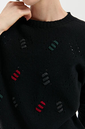 Kadın Sıfır Yaka Dikişsiz Yün Kazak Siyah