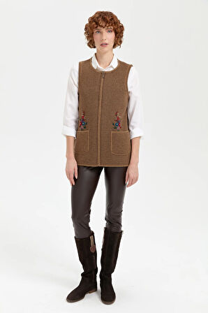 Kadın Sıfır Yaka Cep Üstü İşlemeli Kısa Yün Yelek V.Camel