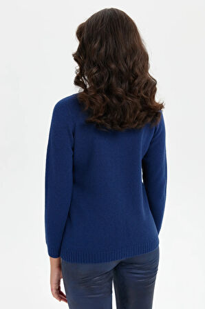 Kadın Dik Yaka Dikişsiz Önü Fermuarlı Yün Hırka İndigo