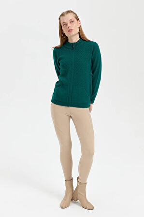 Kadın Dik Yaka Dikişsiz Önü Fermuarlı Yün Hırka K.Ö.başı