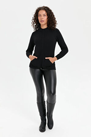 Kadın Dik Yaka Dikişsiz Önü Fermuarlı Yün Hırka Siyah