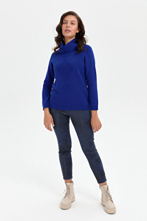 Kadın Degaje Yaka Dikişsiz Önü Selanik Örgü Yün Kazak K.S.Mavi