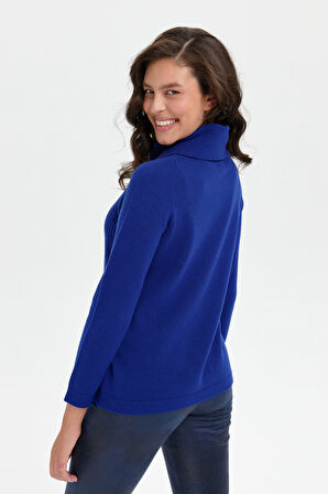 Kadın Degaje Yaka Dikişsiz Önü Selanik Örgü Yün Kazak K.S.Mavi