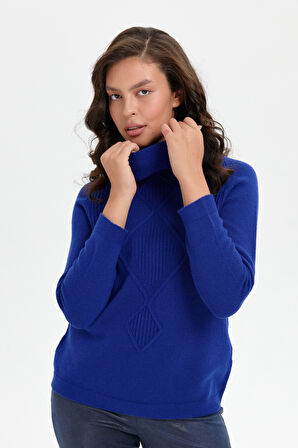 Kadın Degaje Yaka Dikişsiz Önü Selanik Örgü Yün Kazak K.S.Mavi