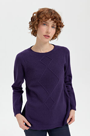 Kadın Sıfır Yaka Dikişsiz Önü Selanik Baklava Örgü Yün Kazak K.Mor