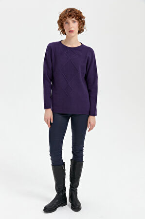 Kadın Sıfır Yaka Dikişsiz Önü Selanik Baklava Örgü Yün Kazak K.Mor