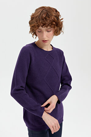 Kadın Sıfır Yaka Dikişsiz Önü Selanik Baklava Örgü Yün Kazak K.Mor