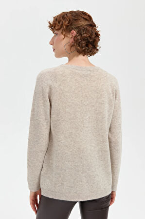 Kadın Sıfır Yaka Dikişsiz Önü Selanik Baklava Örgü Yün Kazak V.Bej