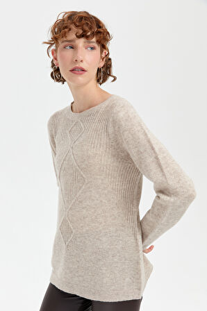 Kadın Sıfır Yaka Dikişsiz Önü Selanik Baklava Örgü Yün Kazak V.Bej