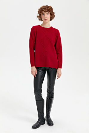 Kadın Sıfır Yaka Dikişsiz Önü Selanik Baklava Örgü Yün Kazak K.Kırmızı