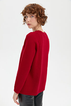 Kadın Sıfır Yaka Dikişsiz Önü Selanik Baklava Örgü Yün Kazak K.Kırmızı