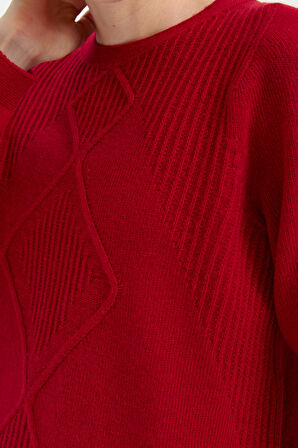 Kadın Sıfır Yaka Dikişsiz Önü Selanik Baklava Örgü Yün Kazak K.Kırmızı