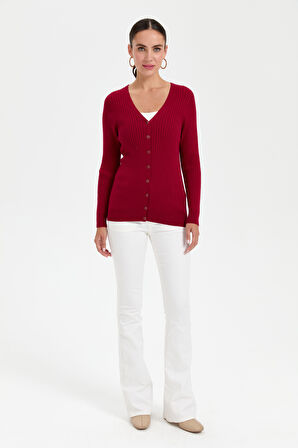 Kadın V Yaka Dikişsiz Hırka Vişne