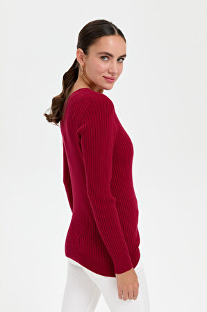 Kadın V Yaka Dikişsiz Hırka Vişne