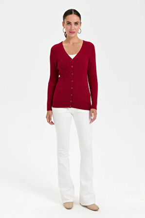 Kadın V Yaka Dikişsiz Hırka Vişne