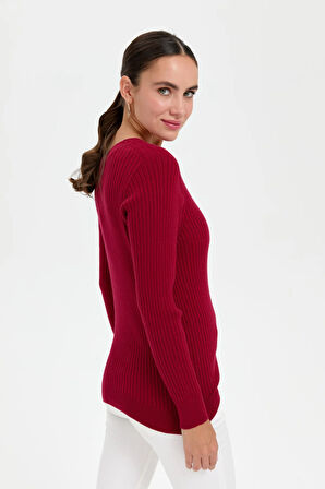 Kadın V Yaka Dikişsiz Hırka Vişne