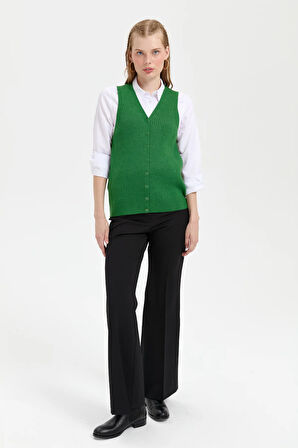 Kadın V Yaka Dikişsiz Yelek K.Yosun