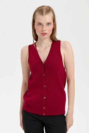 Kadın V Yaka Dikişsiz Yelek Vişne