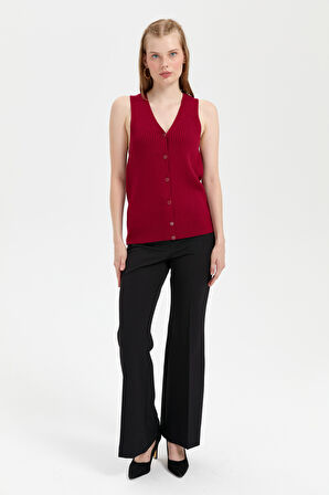 Kadın V Yaka Dikişsiz Yelek Vişne