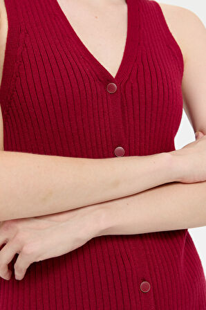 Kadın V Yaka Dikişsiz Yelek Vişne