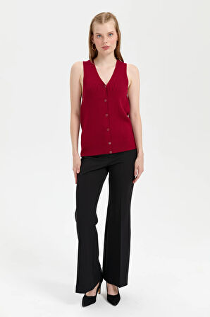 Kadın V Yaka Dikişsiz Yelek Vişne