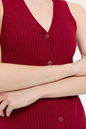 Kadın V Yaka Dikişsiz Yelek Vişne