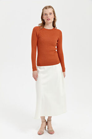 Kadın Sıfır Yaka Dikişsiz Önü Desenli Kazak Turuncu