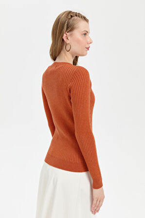 Kadın Sıfır Yaka Dikişsiz Önü Desenli Kazak Turuncu