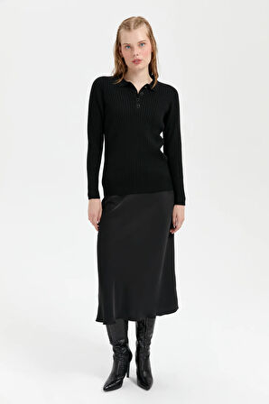 Kadın Polo Yaka Dikişsiz Kazak Siyah