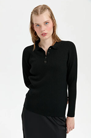 Kadın Polo Yaka Dikişsiz Kazak Siyah