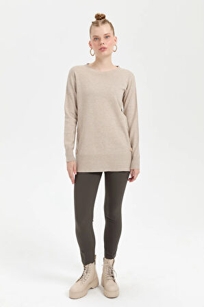 Kadın Sıfır Yaka Dikişsiz Yanları Düğmeli Simli Bluz Bej/Melanj